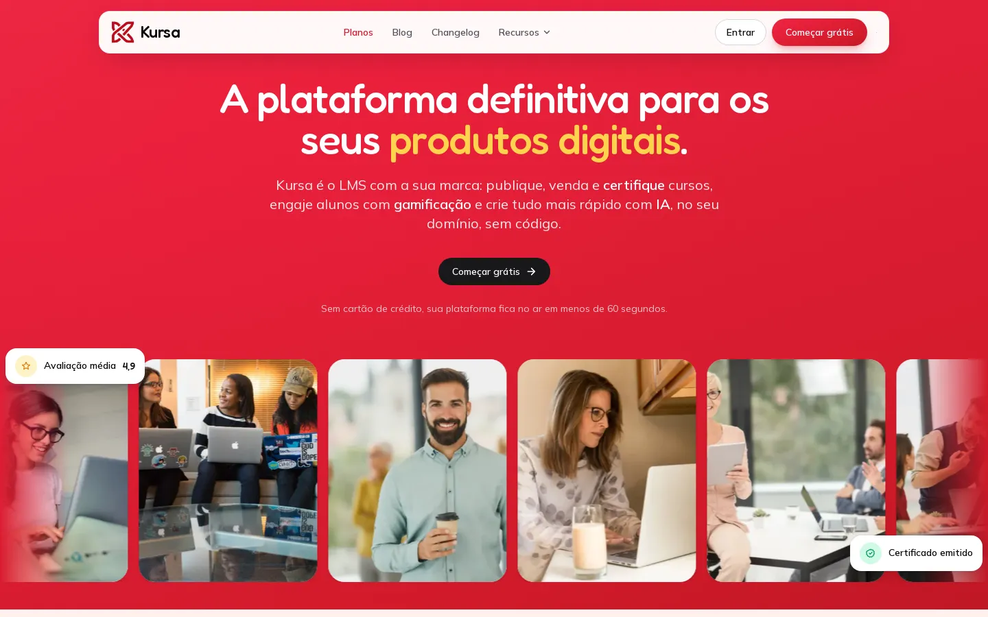 Página inicial da plataforma Kursa, desenvolvida por Valentin